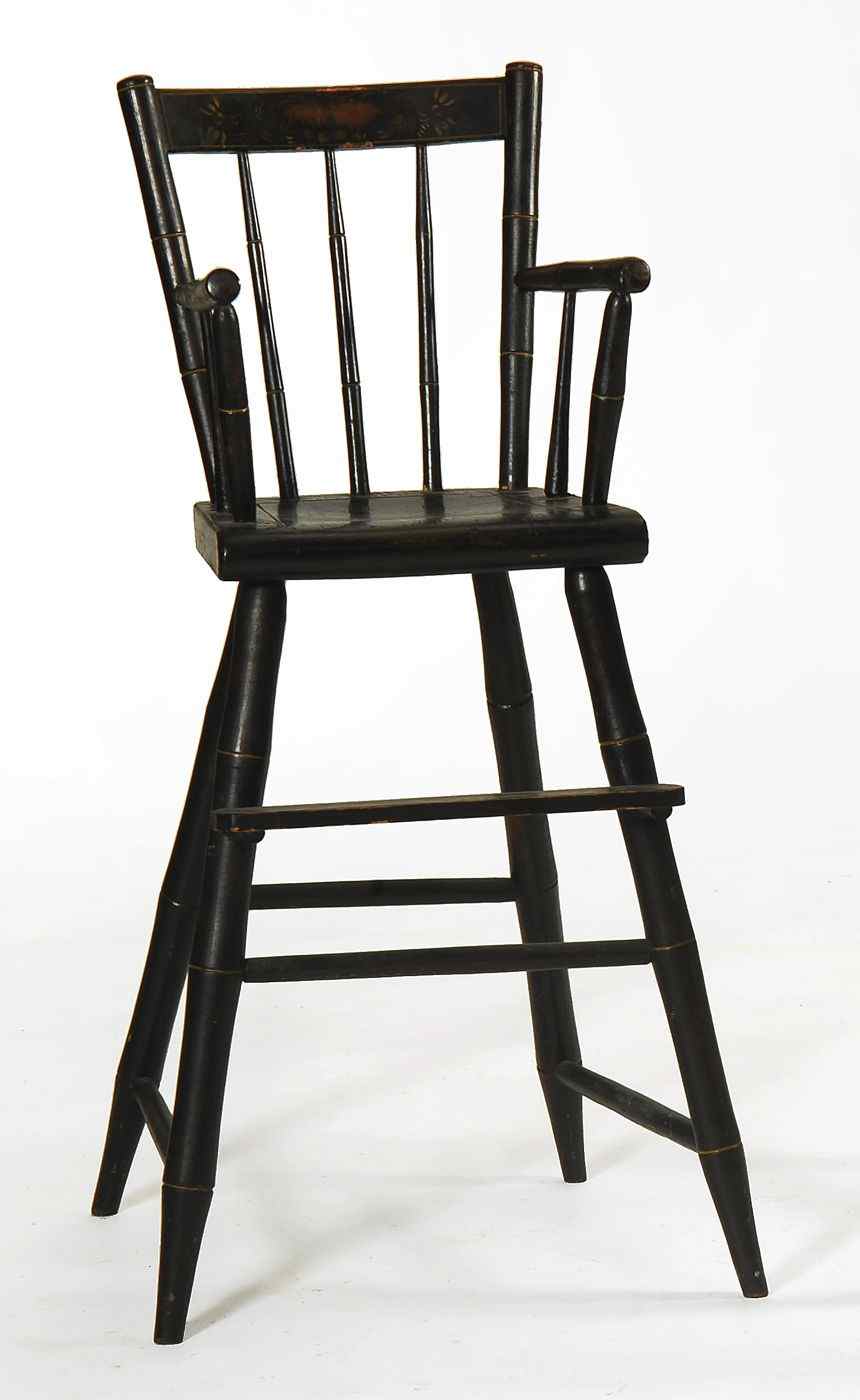 Appraisal: ANTIQUE AMERICAN WINDSOR HIGH CHAIR th CenturyIn old black paint