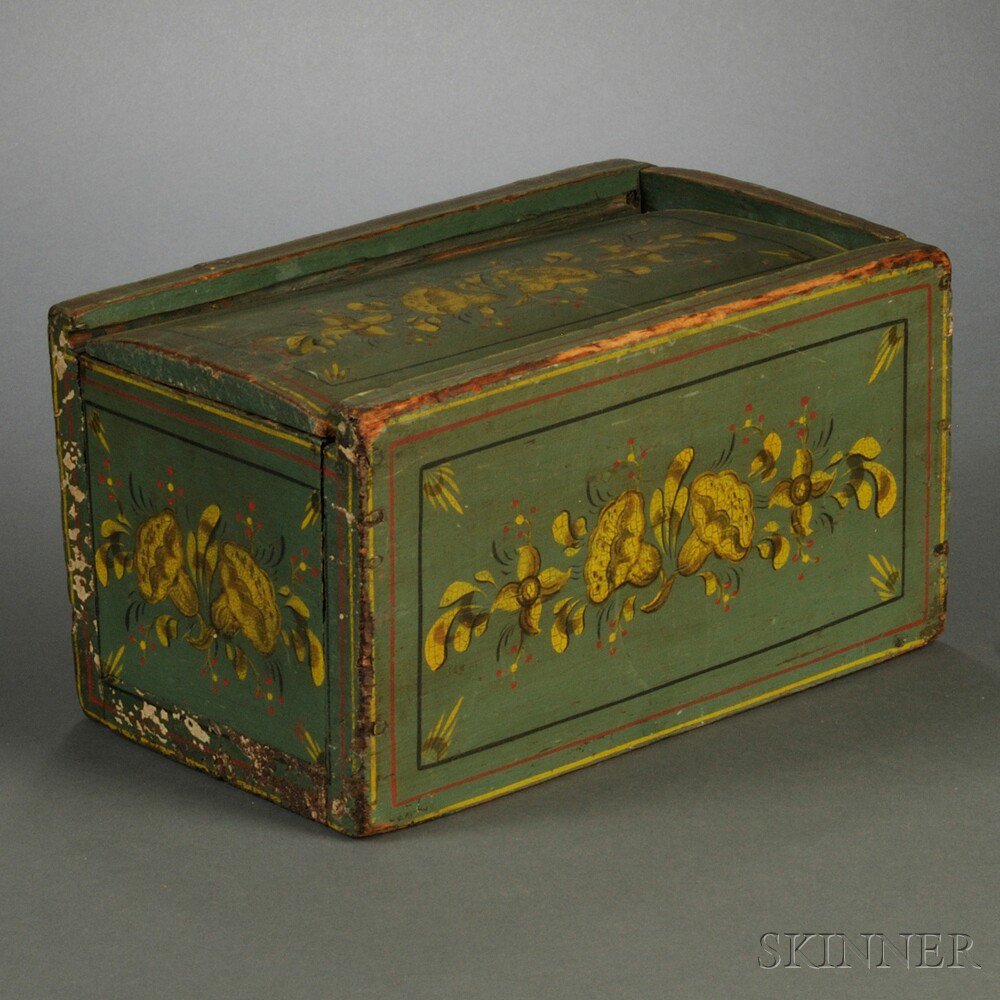 Appraisal: Green-painted Slide-lid Pine Box with Floral Decoration America early th