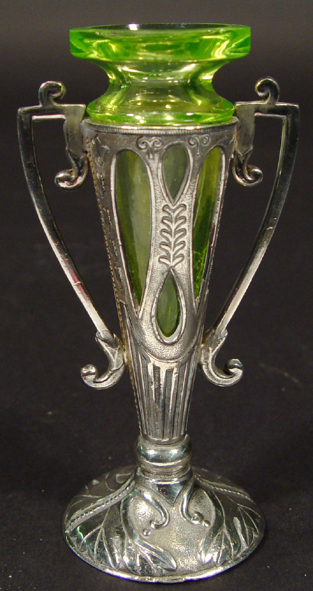 Appraisal: Art Nouveau silver plated two-handled vase cast in relief with