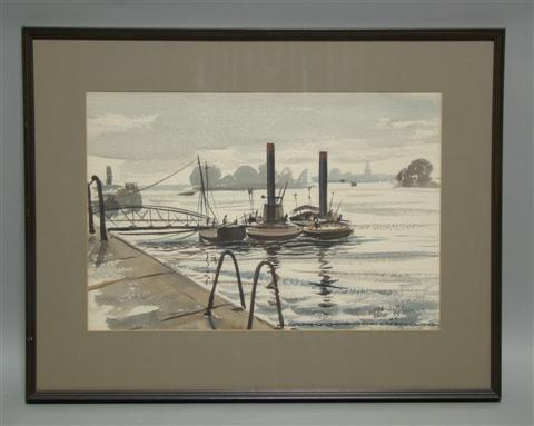 Appraisal: HAL SIMS DOCKED BOATS ALONG WITH ANOTHER PAINTING Watercolor on