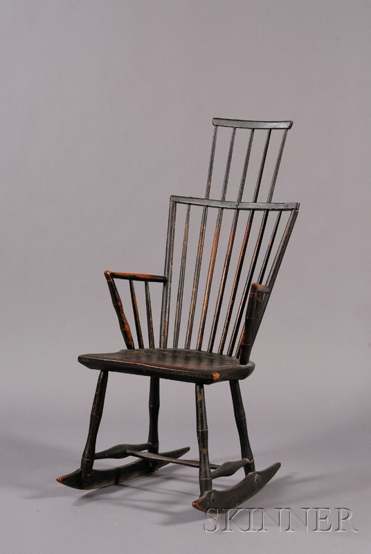 Appraisal: Windsor Black-painted Comb-back Rocking Armchair New England c with bamboo