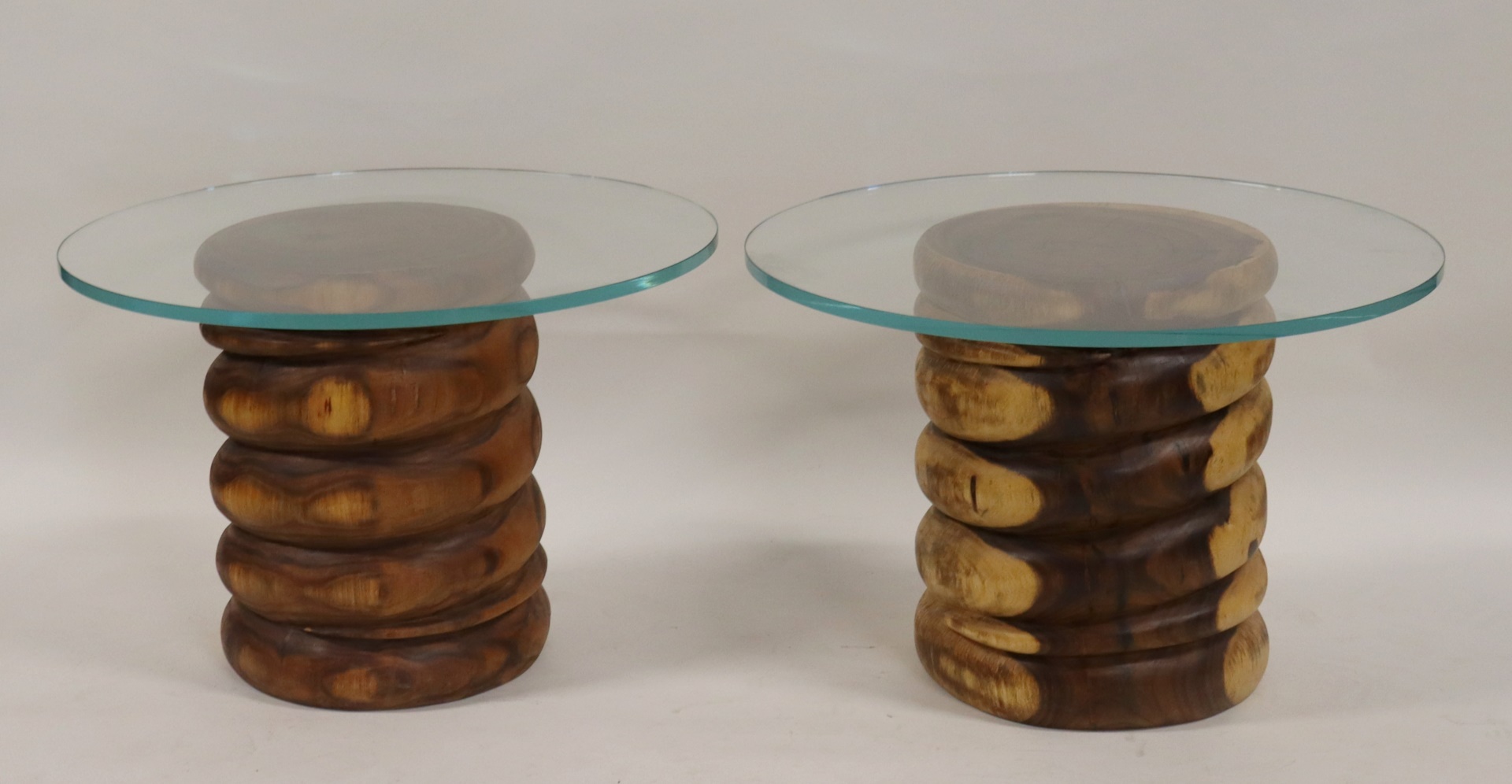 Appraisal: A VINTAGE NEAR PAIR OF WOOD BASE SIDE TABLES Good