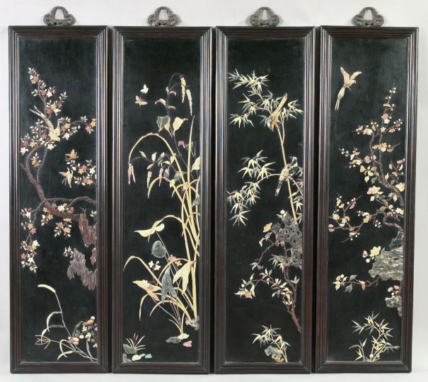 Appraisal: Set of Four Chinese Carved Hardstone-Set Ebonized Wood Panels allegorical