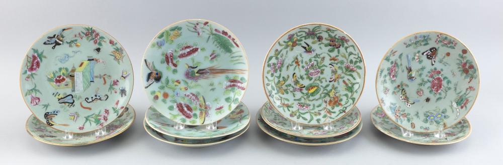 Appraisal: TEN CHINESE EXPORT FAMILLE ROSE-ON-CELADON PLATES TH CENTURY DIAMETERS TEN