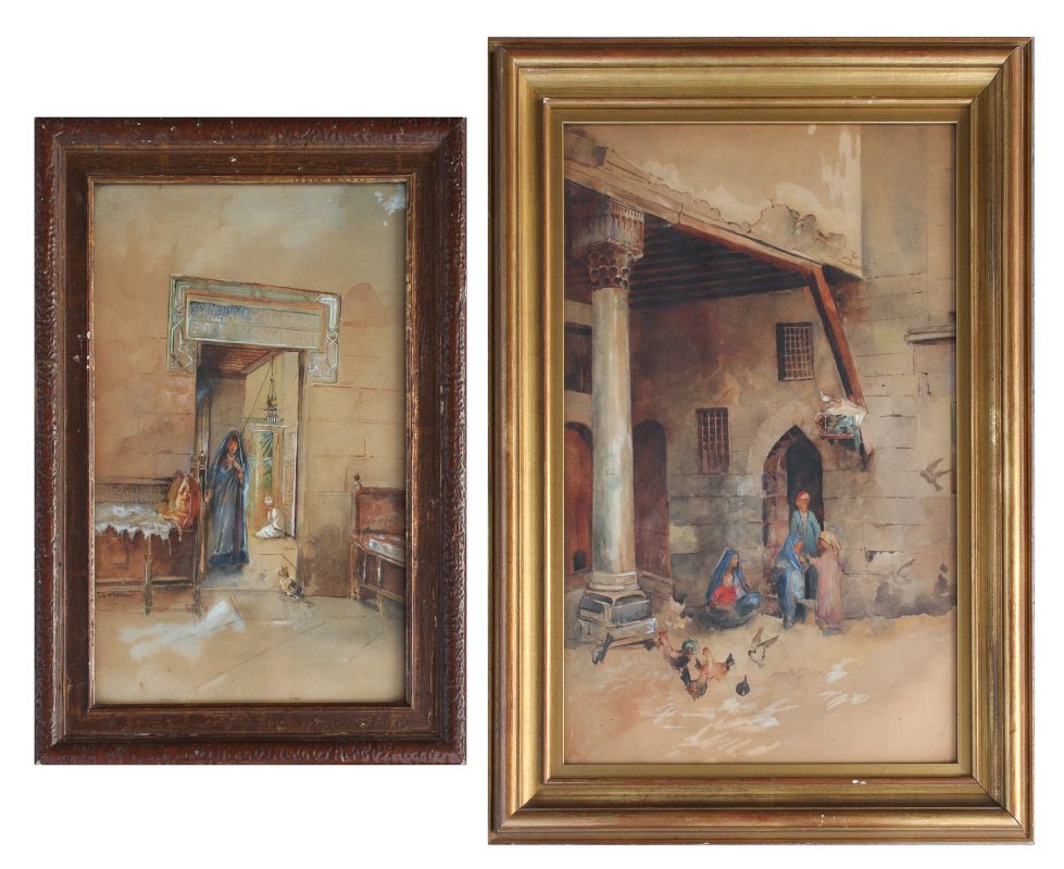 Appraisal: TWO PIECE ORIENTALIST WATERCOLOR PAINTING LOT Courtyard with Figures and