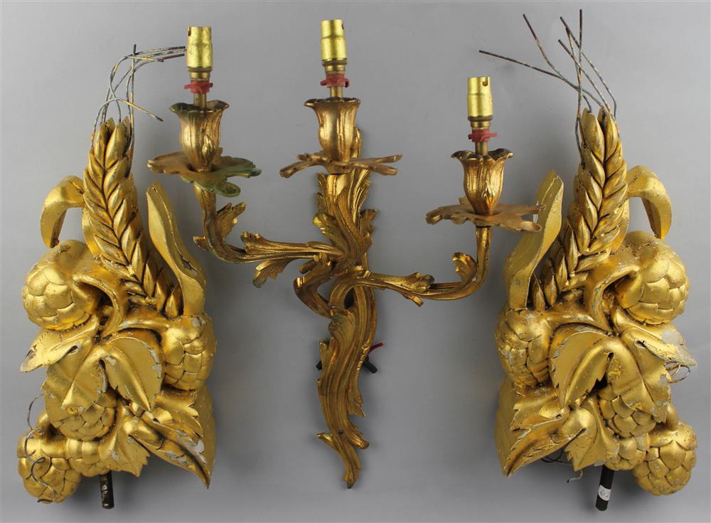 Appraisal: LOUIS XV STYLE WALL LIGHT AND TWO GILT COMPOSITE ORNAMENTS