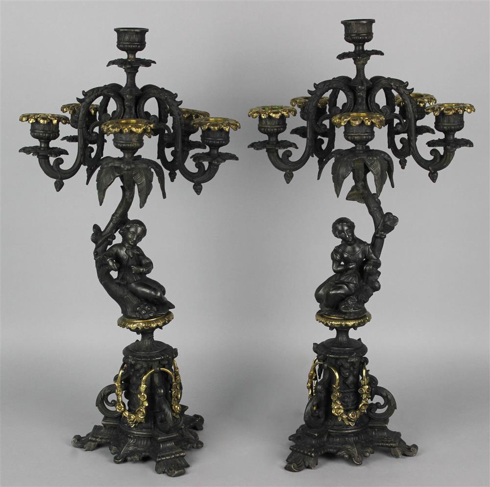 Appraisal: PAIR OF LOUIS XVI STYLE PATINATED METAL CANDELABRA with five