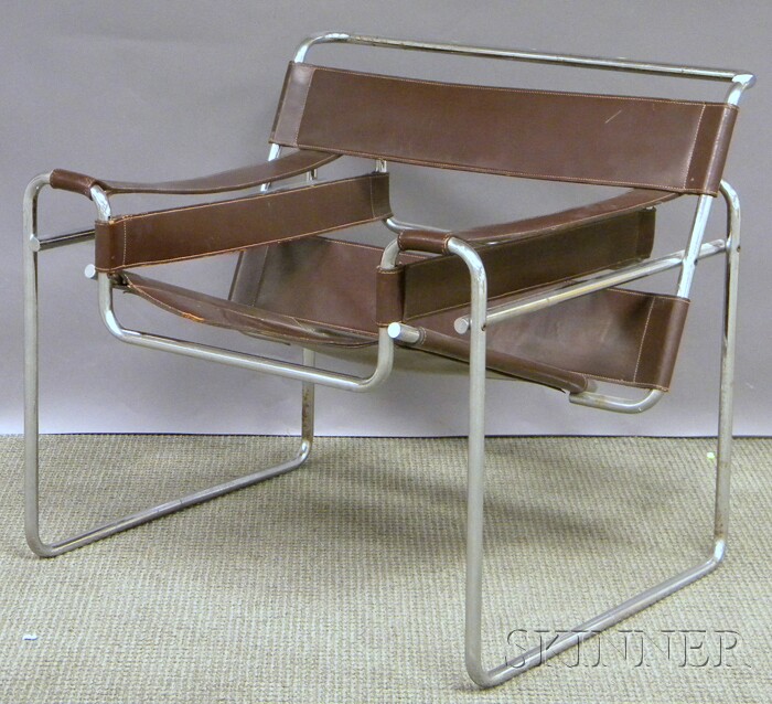 Appraisal: Modern Marcel Breuer Wassily-style Brown Leather and Bent Steel Chair