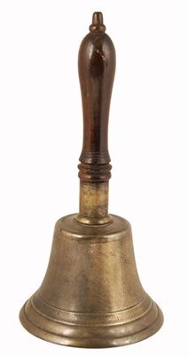 Appraisal: A bronze hand bell with a turned lignum vitae handle