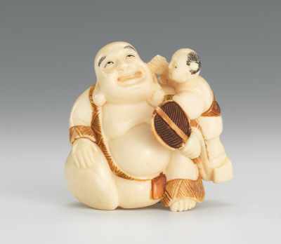 Appraisal: Carved Ivory Netsuke of Hotei Signed With applied pigments seated