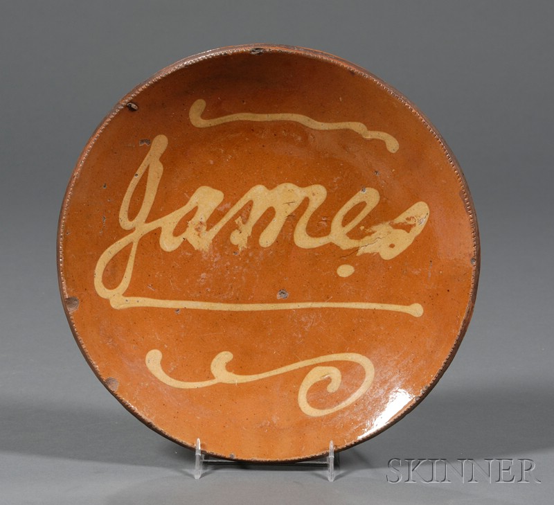 Appraisal: Redware Plate with Yellow Slip James America early th century