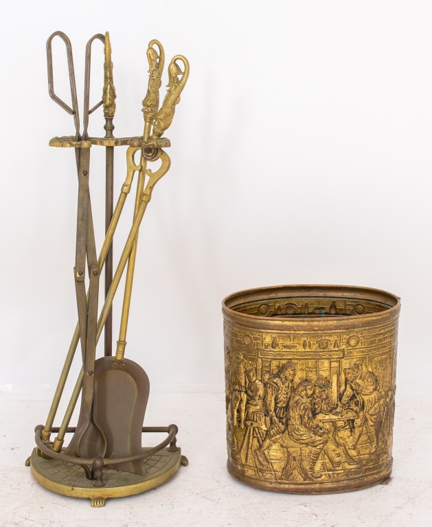 Appraisal: GILT BRASS FIREPLACE TOOLS BRASS TINDER BUCKET Brass Fireplace Tools