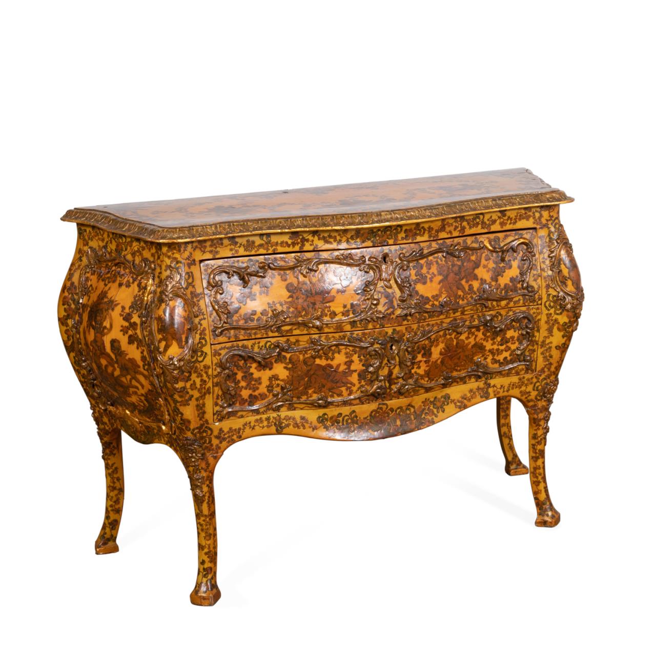 Appraisal: ITALIAN DECOUPAGE YELLOW TWO DRAWER COMMODE Italian Rococo style bombe