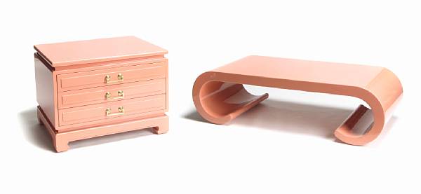 Appraisal: A chinoiserie salmon pink lacquered low table and chest of