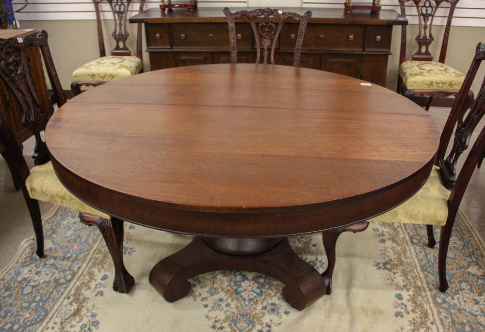 Appraisal: ROUND MAHOGANY DINING TABLE WITH THREE LEAVES Empire Revival style