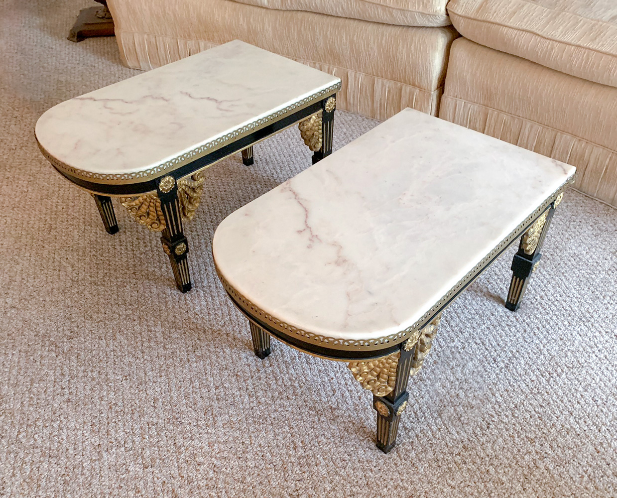 Appraisal: PR CARVED MARBLE TOP END TABLES ''D''-shaped black lacquered marble