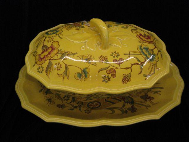 Appraisal: French Pottery Covered Tureen Platter butterfly floral on yellow platter