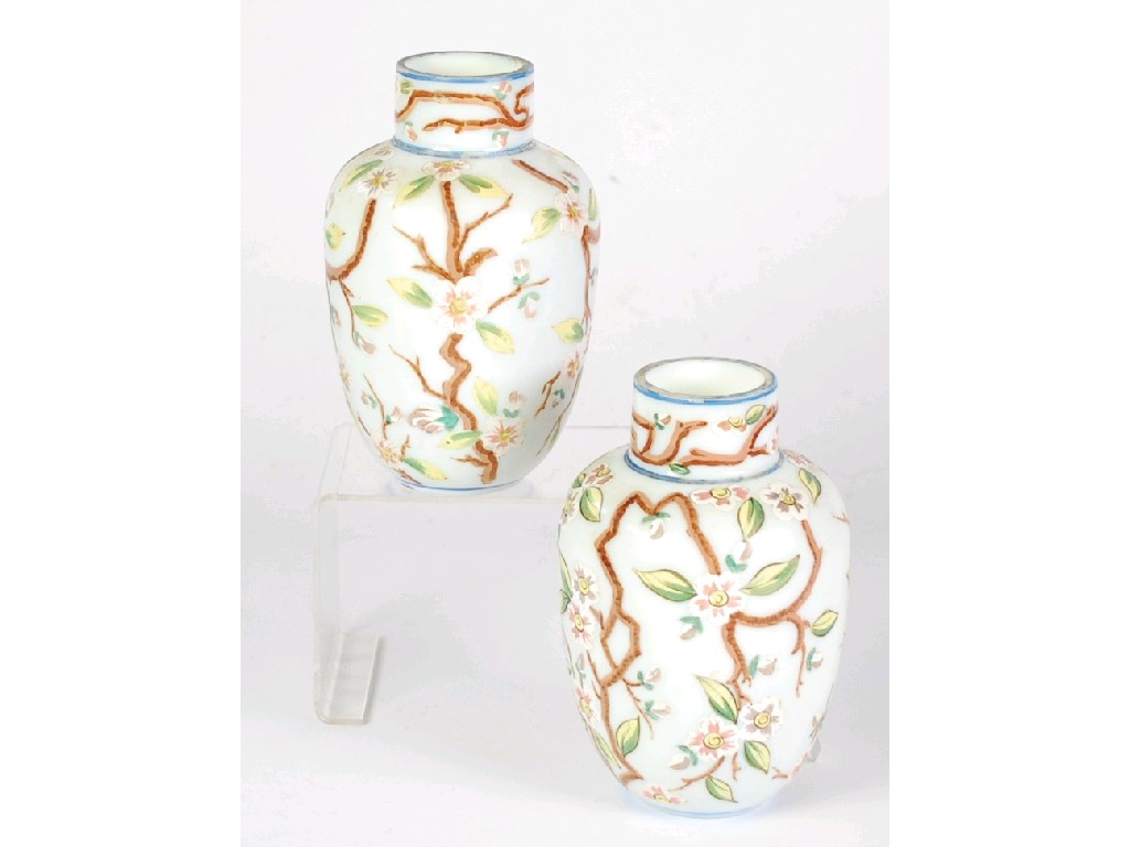 Appraisal: PAIR OF CHINESE WHITE GLASS VASES oviform with short cylindrical