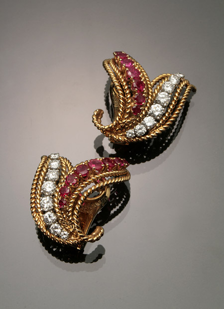 Appraisal: Pair of -Karat Yellow-Gold Diamond and Ruby Ear Clips Van