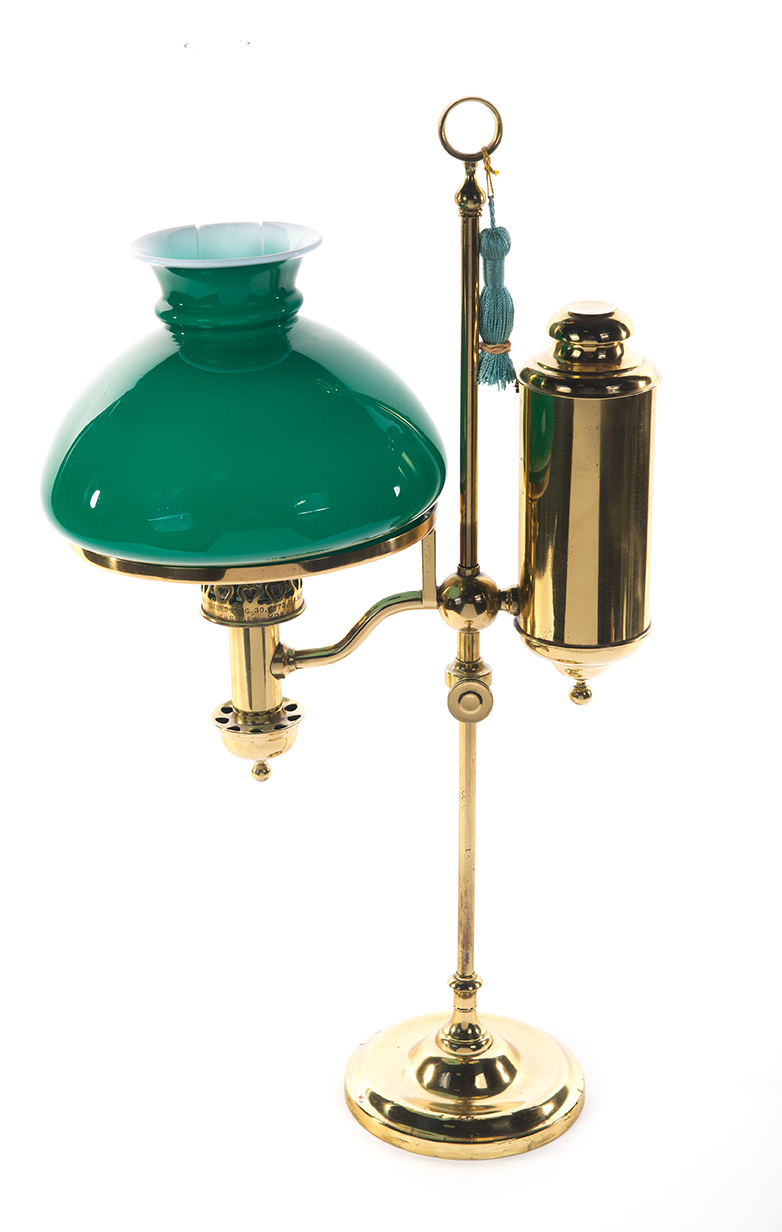 Appraisal: BRASS STUDENT LAMP WITH GREEN CASED GLASS SHADE American patented