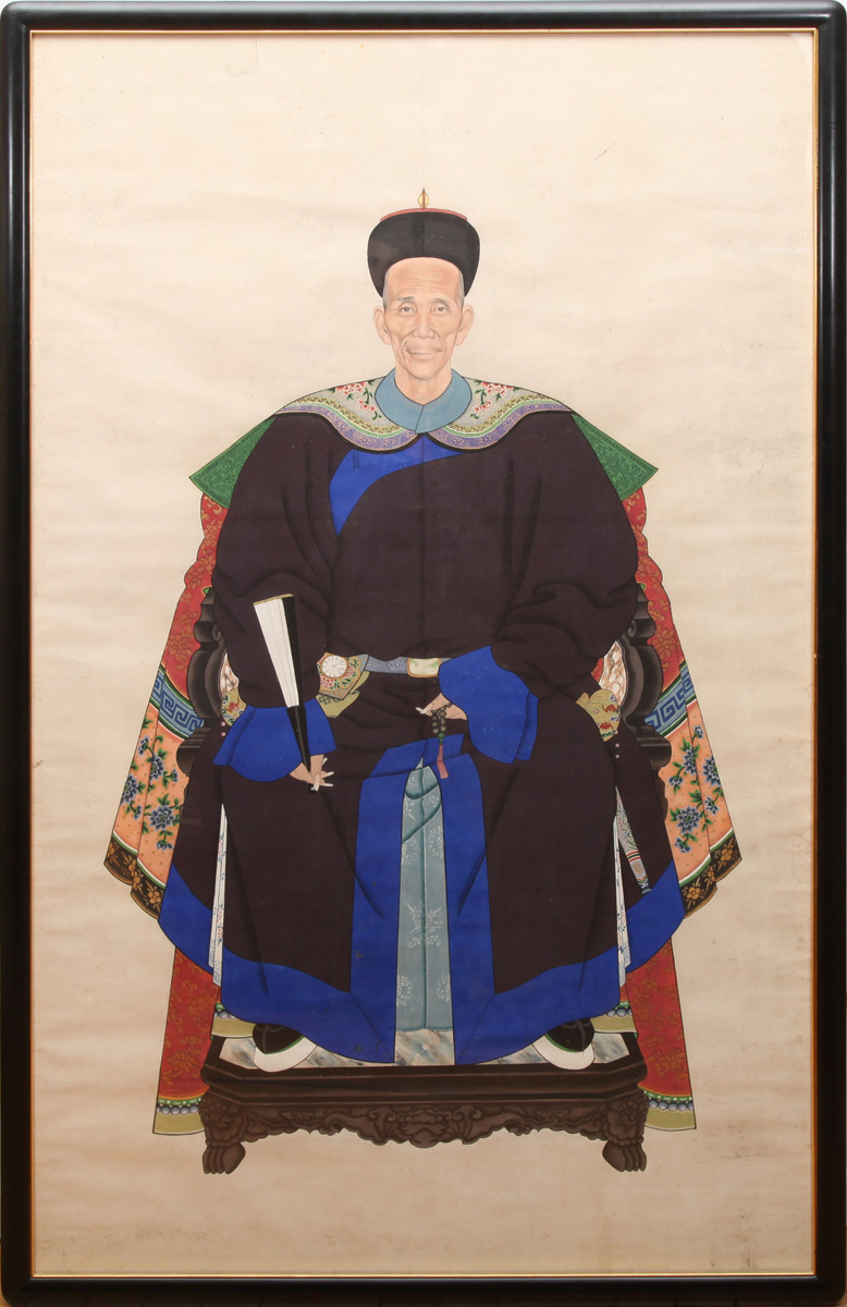 Appraisal: CHINESE SCHOOL TWO ANCESTRAL PORTRAITS Watercolors on paper heightened in