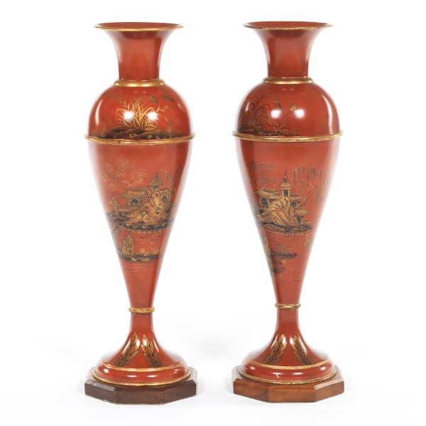 Appraisal: PAIR OF CHINOISERIE DESIGN TOLEWARE VASES x x Pair of