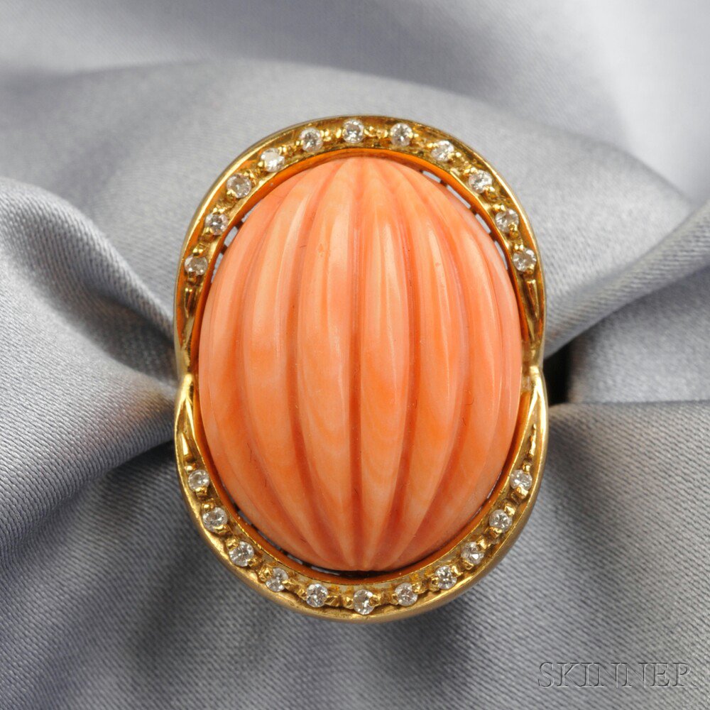 Appraisal: kt Gold Coral and Diamond Ring set with a gadrooned