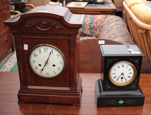 Appraisal: AN EARLY TH CENTURY SLATE MALACHITE INLAID MANTLE TIMEPIECE the