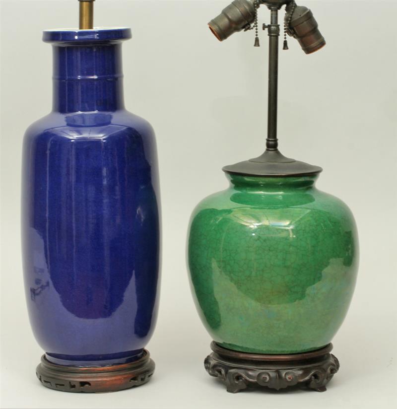 Appraisal: Two Chinese Porcelain Vases Mounted as a Lamps Green in