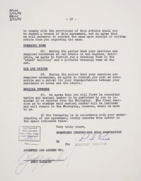 Appraisal: JUDY GARLAND Contract for Valley of the Dolls signed by