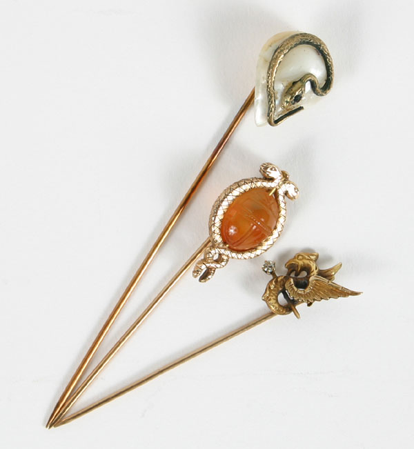 Appraisal: Lot of gold Victorian stick pins one with carved agate