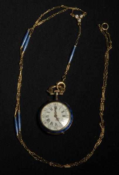 Appraisal: K Y Gold Diamond Enamel Necklace Watch Description Working sporadically