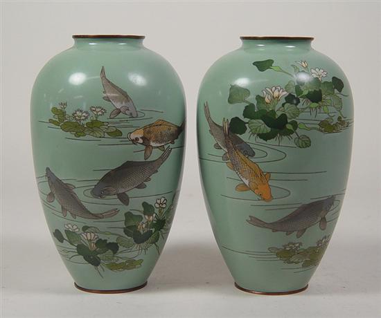 Appraisal: Pair of Japanese Cloisonn Vases Green ground with inlay of