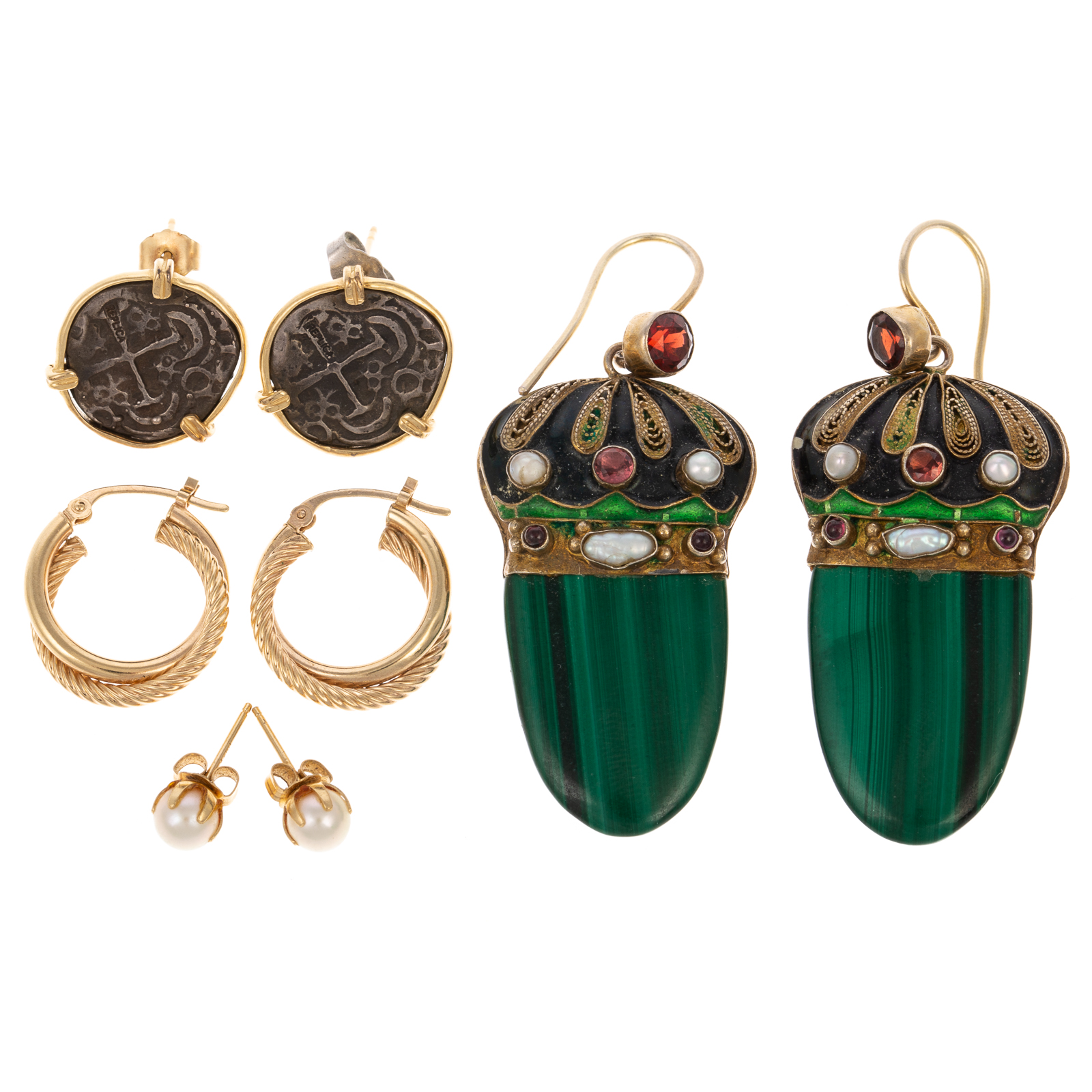 Appraisal: A COLLECTION OF K GEMSTONE EARRINGS K yellow gold twisted