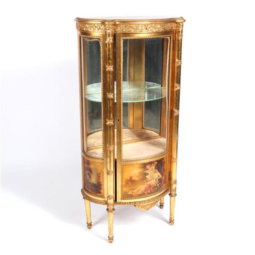 Appraisal: FRENCH VICTORIAN GILT LIGHTED VERNIS MARTIN CURIO CABINET WITH CURVED