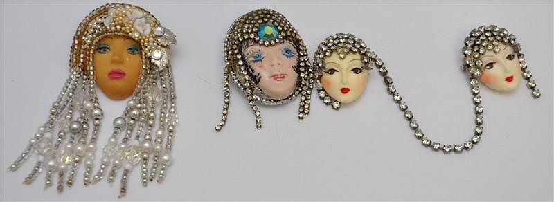 Appraisal: PC VINTAGE FLAPPER FACE RHINESTONE BROOCHES Three Vintage Flapper Face