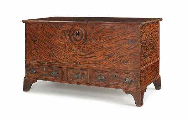 Appraisal: Pennsylvania painted dower chest ca retaining a vibrant salmon swirl