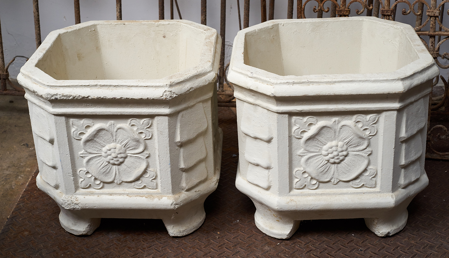 Appraisal: A PAIR OF ART DECO CONCRETE PLANTERS Painted white with