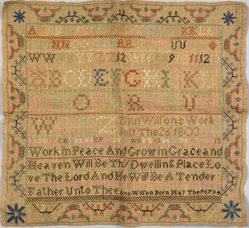 Appraisal: Silk on linen sampler ca wrought by Ann Wilson b