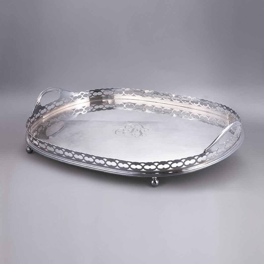 Appraisal: Silver Plated Galleried Drinks Tray Monogrammed Length inches C Estate