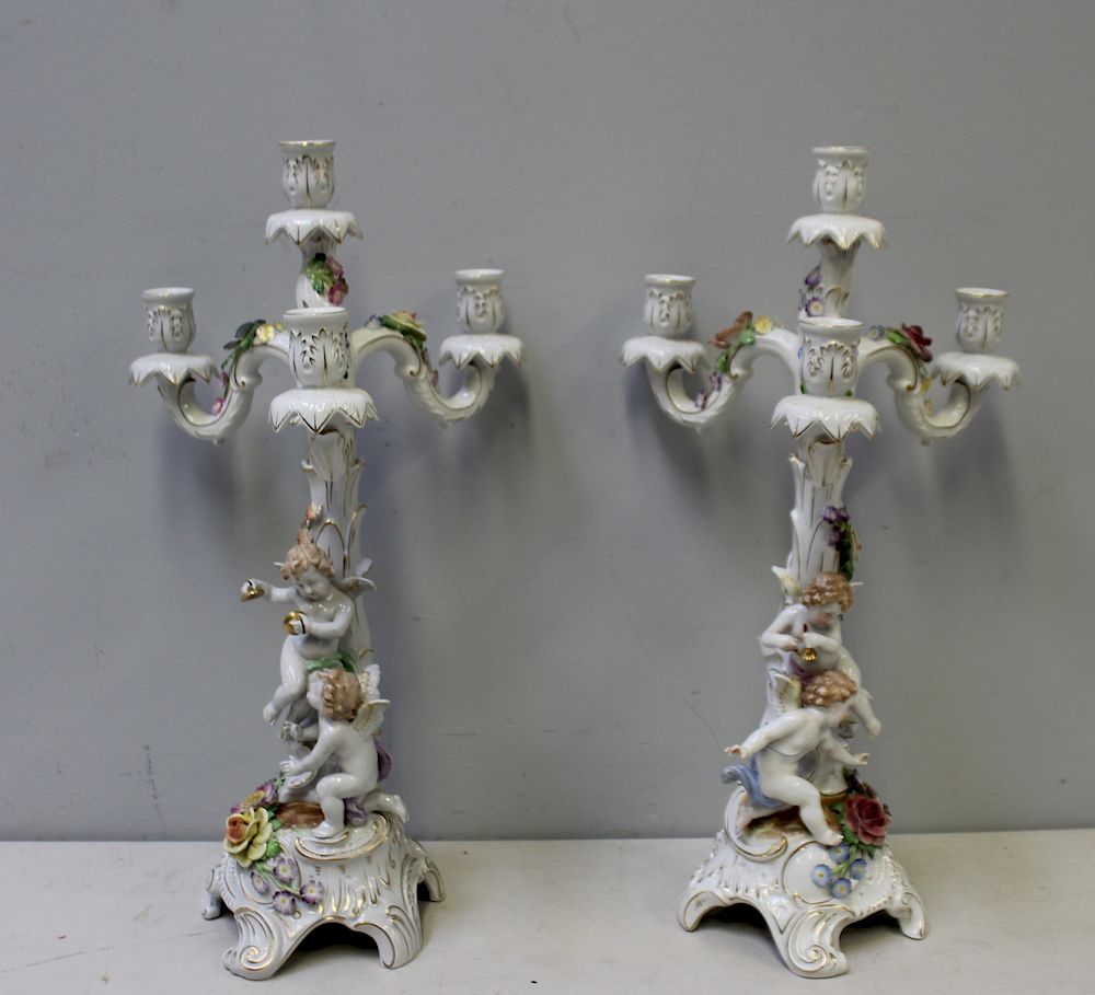 Appraisal: DRESDEN Pair of Porcelain Figural and Floral Decorated Candlebra From