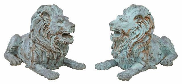 Appraisal: pair Cast bronze recumbent lions in a verdigris patina with