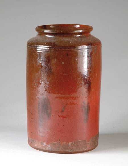 Appraisal: GOOD REDWARE GLAZED JAR Cylinder shape with three incised lines