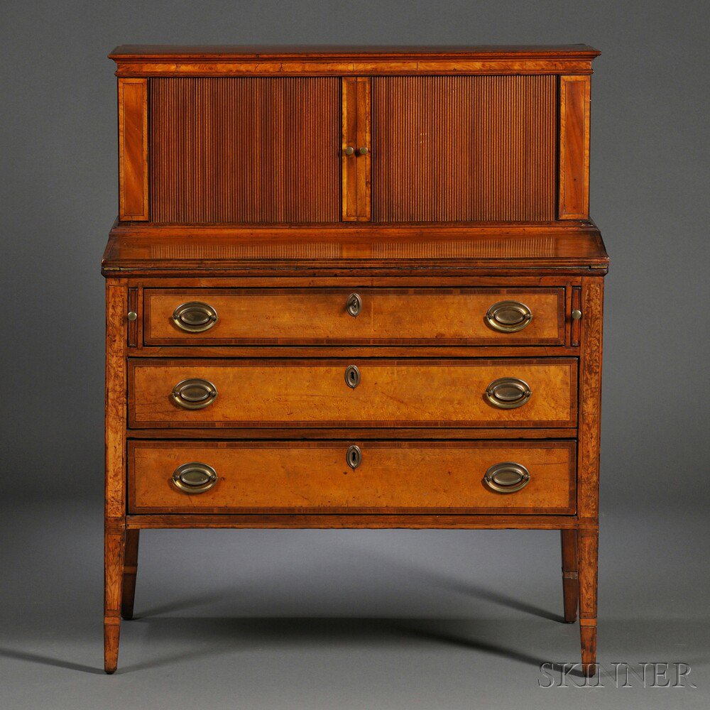 Appraisal: Federal Mahogany Wavy Birch and Bird's-eye Maple Inlaid Tambour Desk