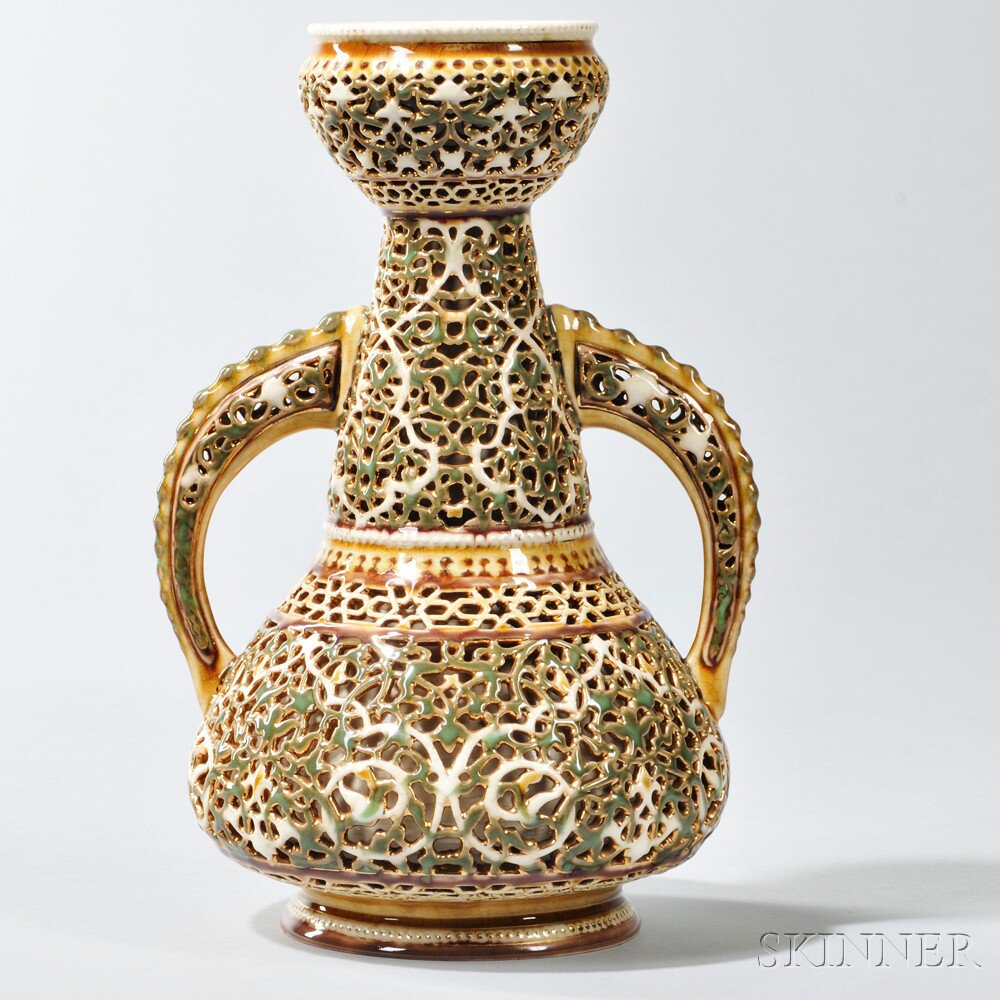 Appraisal: Zsolnay Reticulated Double-Walled Vase Hungary early th century polychrome gold