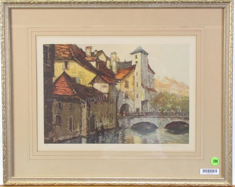 Appraisal: An antique European color etching after V Latillou depicting canal