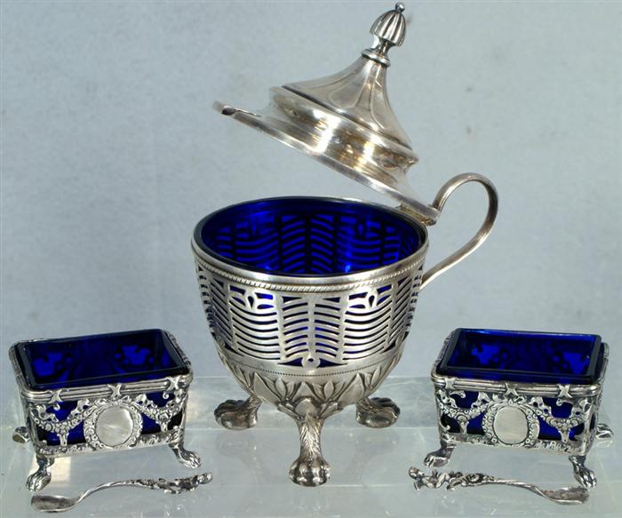 Appraisal: Pr th c French silver footed salts with cobalt inserts