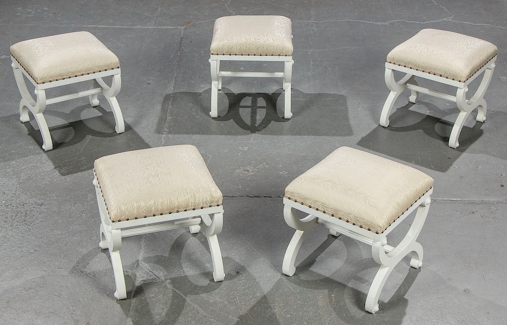 Appraisal: Modern Upholstered White Wood Foot Stools Modern Upholstered White Wood