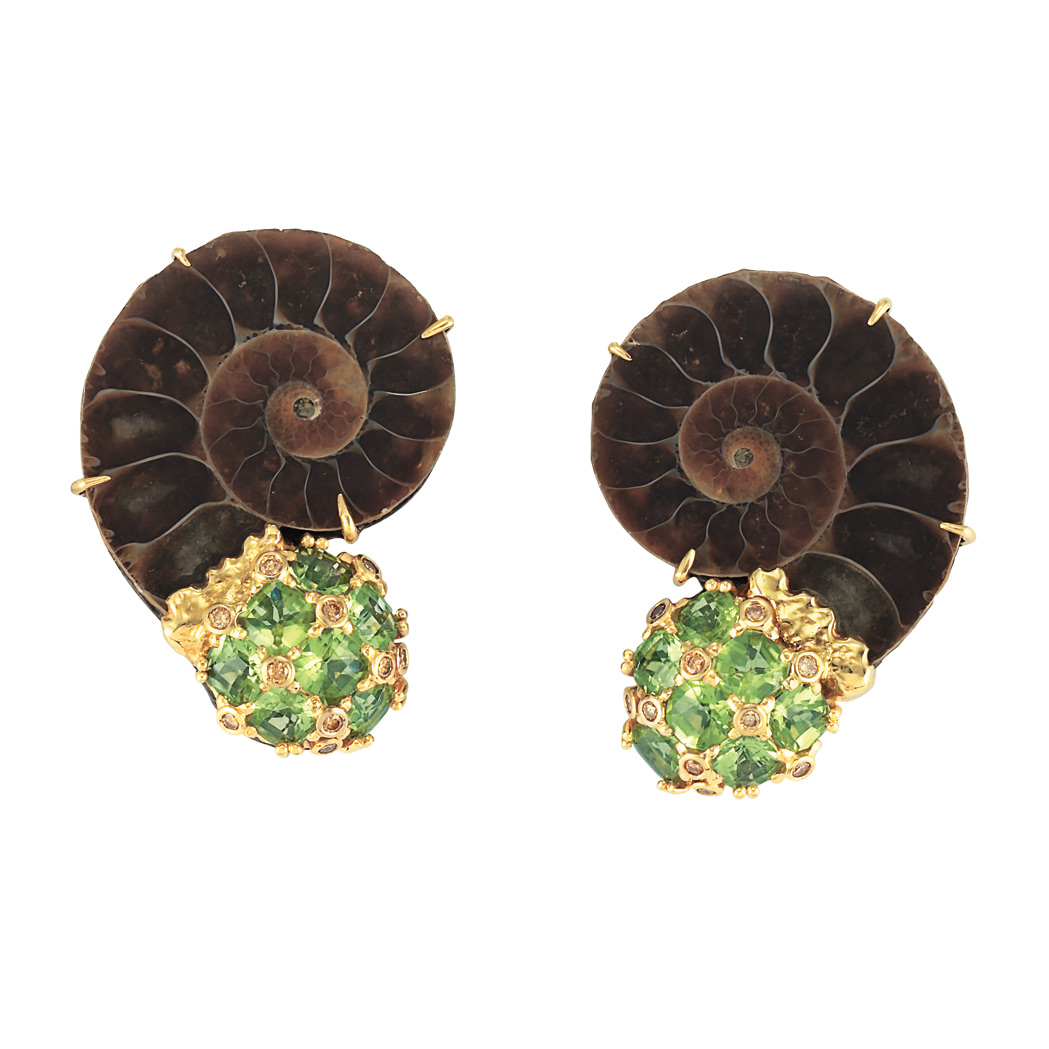 Appraisal: Pair of Gold Ammonite Peridot and Orange-Brown Diamond Snail Earclips