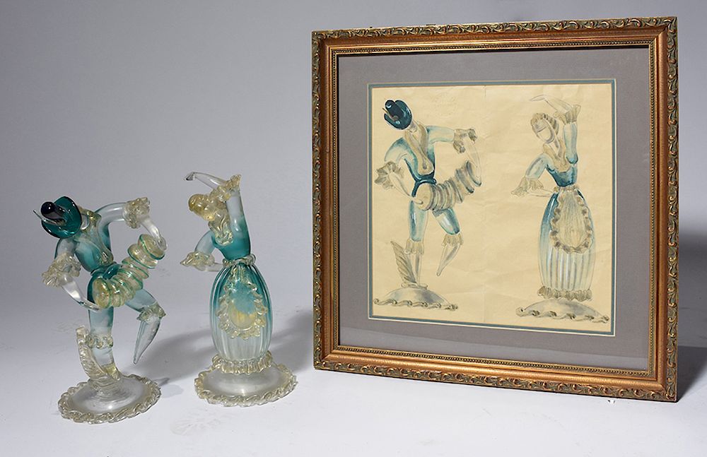 Appraisal: Venetian glass dancers with model sketch done in watercolor on